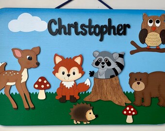 Forest friends hand painted wooden decorative kids room sign