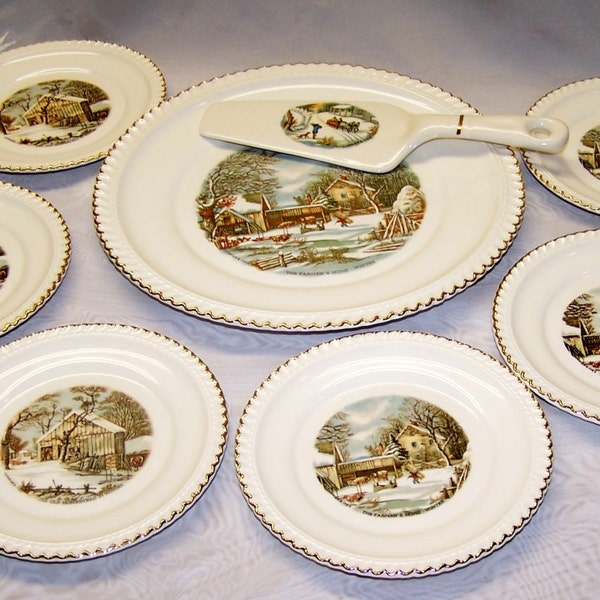 8 piece Harkerware Currier & Ives Cake Plate set