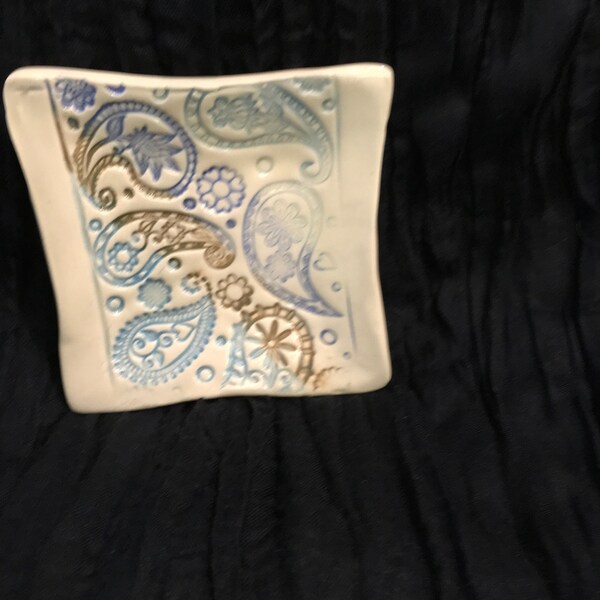 ceramic condiment paisley design cheese plate, jewelry tray, candle holder