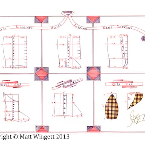 May include: A hand-drawn diagram of boot and shoe patterns with measurements in inches. The patterns are labeled "Ladies Leggings", "Gents Leggings", "Gents Spat", and "Gents Cap". The diagram is on a white background with red and black lines.