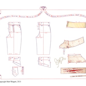 Pode incluir: Um padrão de costura desenhado à mão para calças com medidas em polegadas. O padrão inclui instruções para uma cintura de "White Denim 40" com uma margem de costura de 1/2". O padrão é assinado "J.P.P."
