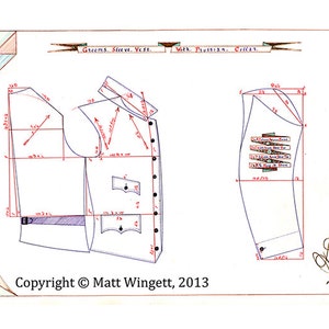 May include: A hand-drawn pattern for a vest with a Prussian collar. The pattern includes measurements in inches and is labeled "Greems. Sleeve. Vest. With. Prussian. Cellar."