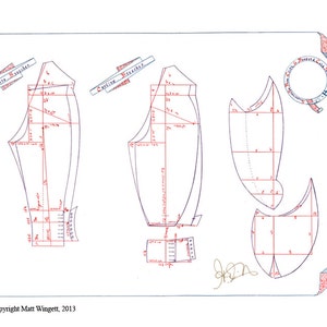 May include: A blue and red line drawing of a pattern for a garment. The pattern includes measurements in inches. The drawing is on a white background.