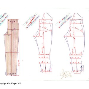 Puede incluir: Un dibujo técnico de tres patrones de pantalones diferentes, con medidas y anotaciones en tinta roja y azul. Los patrones están etiquetados como "Old Pattern" y "New Pattern", con el texto "Bedford Cord Pantalons". La imagen incluye el texto "Image Copyright Matt Wingett 2013".