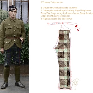 Puede incluir: Un hombre con uniforme militar con falda escocesa y sombrero. Está de pie frente a un arbusto verde. La imagen también muestra un diagrama de un patrón de cuadros para pantalones, etiquetado como "Highland Rank File Trews."