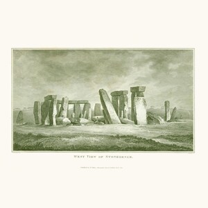 May include: An antique print depicting Stonehenge, featuring large standing stones in a field under a cloudy sky. The artwork is in shades of gray and green, with the title "West View of Stonehenge" at the bottom.
