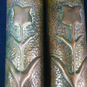 1915 WORLD WAR I Trench Art - two beautiful matching repoussé work brass shell casings, flower motifs, 75mm French shells from the Great War