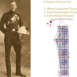 1908 Oficiales raros Highland Trews, pantalones de moda, pantalones de montar, patrones de costura dibujados a mano
