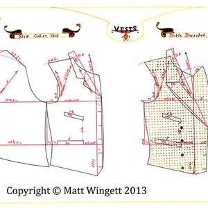May include: A black and white line drawing of two vest patterns. The pattern on the left is labeled "Step Collar Vest" and the pattern on the right is labeled "Double Breasted Vest". The patterns include measurements in inches.