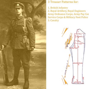 May include: A black and white illustration of three different trouser patterns for British military uniforms. The patterns are labeled "British Infantry", "Royal Artillery, Royal Engineers, Army Ordnance Corps, Army Pay Corps, Army Service Corps & Military Foot Police", and "Cavalry".