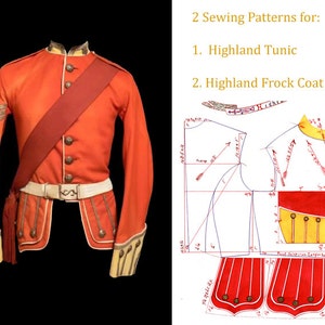 May include: Two sewing patterns for a Highland Tunic and a Highland Frock Coat. The patterns are drawn in red, yellow, and blue ink on white paper. The patterns include detailed instructions and measurements.