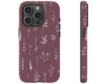 Mauve wilde bloemen botanische stoere case IPhone 15 14 13 Samsung S24 S23 S22 S21 S10 S20 Google Pixel bloemen bloemen lijn kunst Boho patroon
