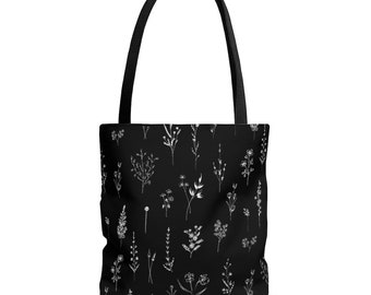 Sac fourre-tout, sac fourre-tout noir, noir et blanc, sac fourre-tout botanique, sac fourre-tout minimaliste, sac fourre-tout minimal, illustration de fleurs sauvages, cabas