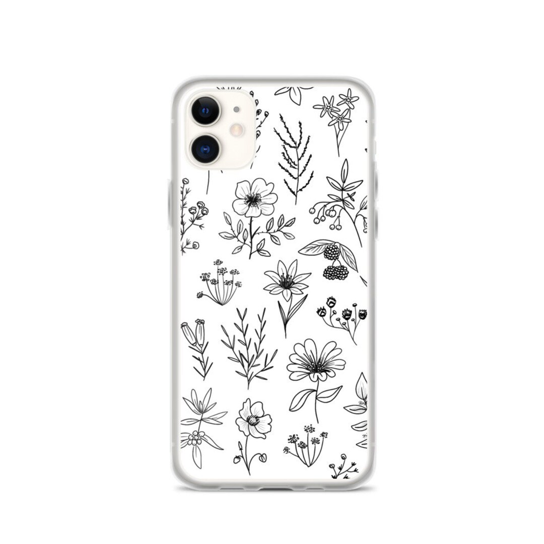 Black and White Tiny Wildflowers Drawing Line Art Minimal Etsy