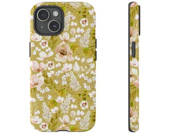 Gele tuin bloemen botanische stoere hoesjes IPhone 15 14 13 Samsung S24 S23 S22 S21 S10 S20 S9 Google Pixel Floral aquarel Boho patroon