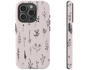 Pink Pastel Wildflowers Botanical Tough Case IPhone 15 14 13 Samsung S24 S23 S22 S21 S10 S20 Google Floral Boho Pattern Flowers Line Art