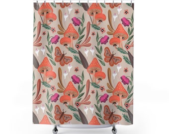 Red Mushrooms and Leaves Garden Boho Shower Curtains