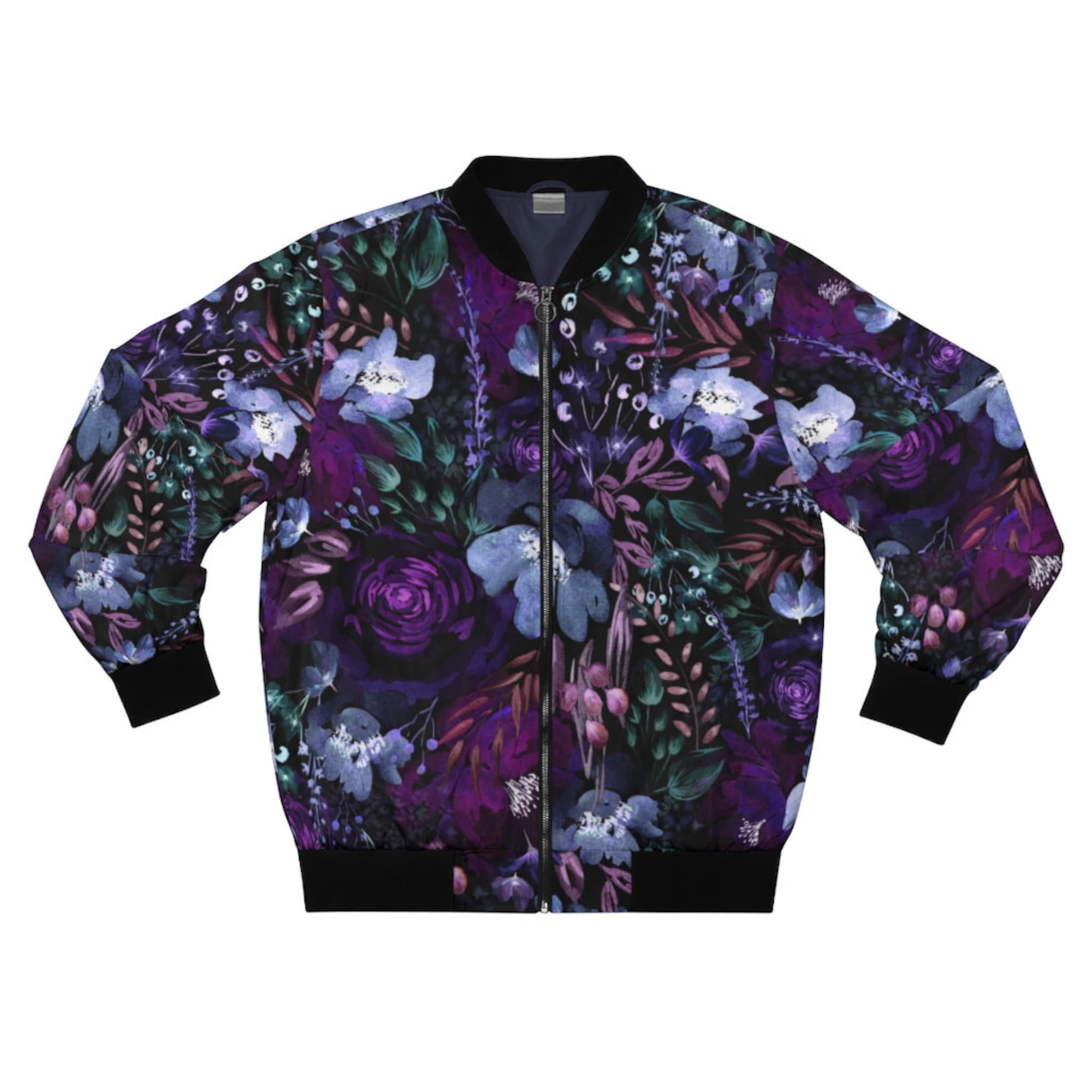 Bue Floral Bomber Jacket Unisex Black clothing Floral pattern Violet Flowers Fashion