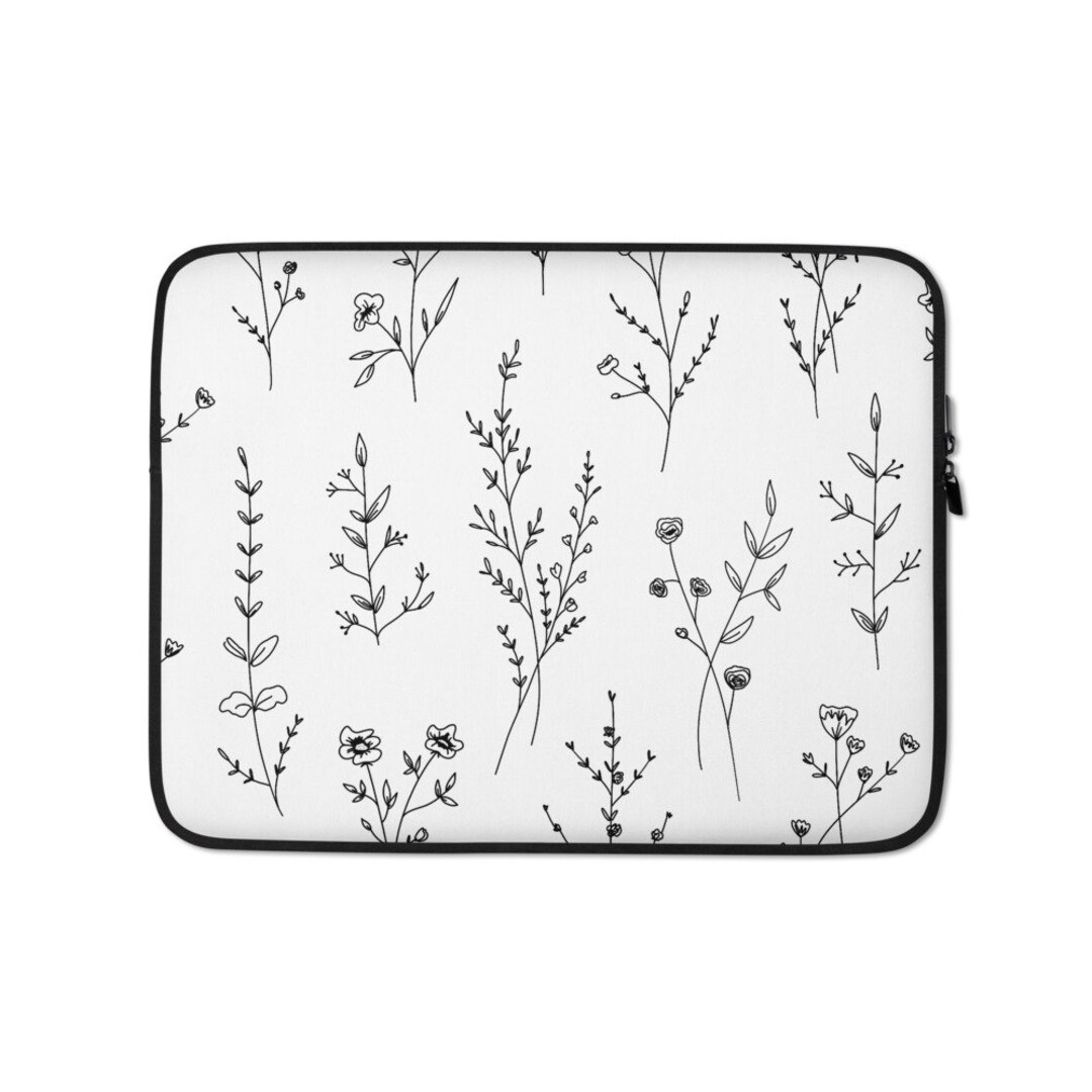 Wildflowers Laptop Sleeve Pattern Black and White Minimal Line Art