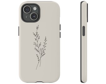 Beige minimale wilde bloemen Botanische Tough Case IPhone 15 14 13 Samsung S24 S23 S22 S21 S10 S20 Google Pixel Floral Boho Flower