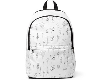 White Wildflowers Unisex Fabric Backpack Back to School College White Pattern Floral Design Botanical Illustration Minimalist Drawing