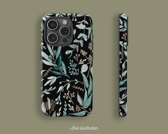 Zwarte eucalyptus botanische stoere hoesjes IPhone 15 14 13 Samsung Google Floral botanische bloemen aquarel Boho patroon