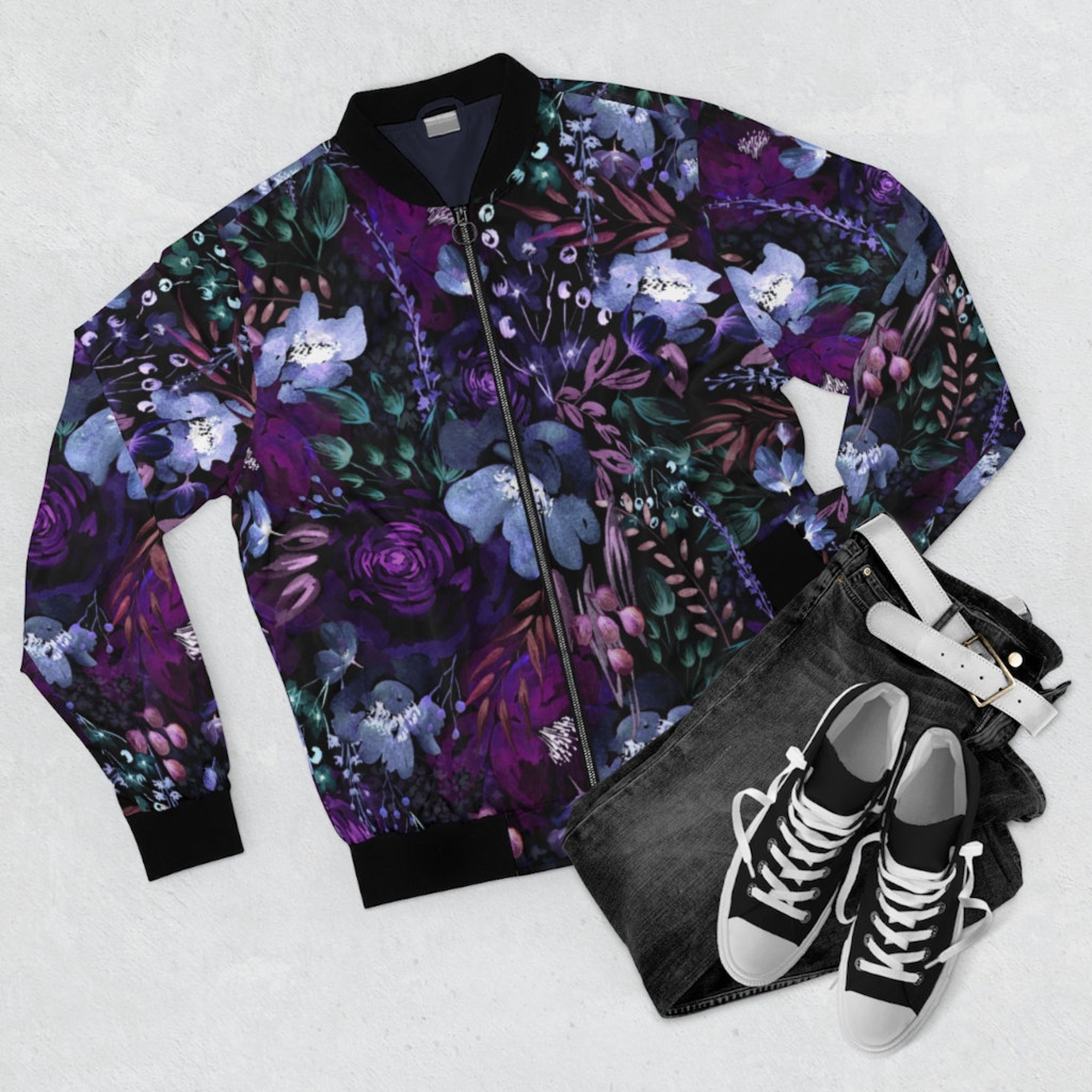 Bue Floral Bomber Jacket Unisex Black clothing Floral pattern Violet Flowers Fashion