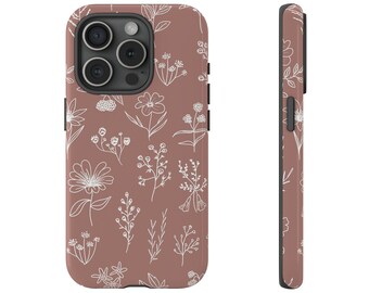 Bruine wilde bloemen aardetinten botanische stoere hoesjes IPhone 15 14 13 Samsung S24 S23 S22 S21 S10 S20 S9 Google Pixel Floral Boho patroon