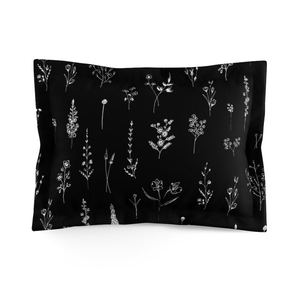 Black Wildflowers Pillow Sham Floral Pattern Botanical Fabric Black and White design Microfiber Duvet Cover Queen Minimal Design Line Art