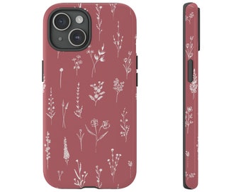 Stoffige roze wilde bloemen botanische stoere case IPhone 15 14 13 Samsung Ultra Case S24 S23 S22 S21 S10 S20 Google Pixel bloemen bloemen patroon