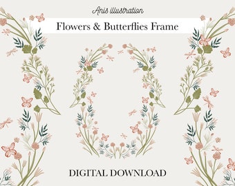 Flowers & Butterflies Frame Wedding Design Clipart PNG transparent digital download