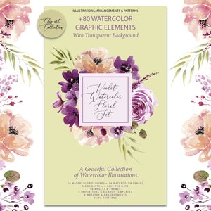 Violettes Aquarell Blumenset Digitale Zeichnung Illustration Blumen Clipart PNG Direkter Download Karten Hochzeitseinladungsmuster