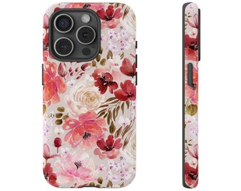 Watercolor Flowers Red Botanical Tough Case IPhone 15 14 13 Samsung S24 S23 S22 S21 S10 S20 Google Pixel Floral Romantic Boho Pattern