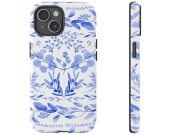 Mediterrane scène zomer blauwe Indigo stoere hoesjes IPhone 15 14 13 Samsung Google Eucalyptus olijven botanische aquarel Boho patroon