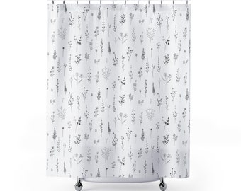 Little Wildflowers Pattern Shower Curtains Minimal Flowers Minimalist Floral Botanical Fabric Black and White Design Line Art Illustration