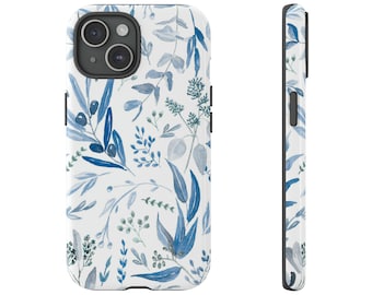 Blauwe botanische eucalyptus bladeren patroon stoere hoesjes IPhone 15 14 13 Samsung S24 S23 S22 S21 S10 S20 Google Pixel Boho Boho Design