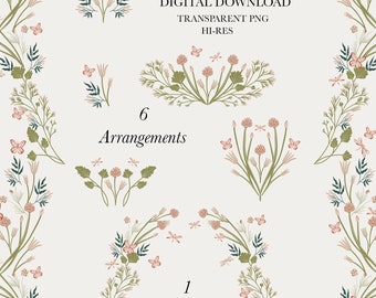 Boho Boho Set bloemen & vlinders bloemstukken Frame krans uitnodigingen Design Clipart PNG transparante digitale download