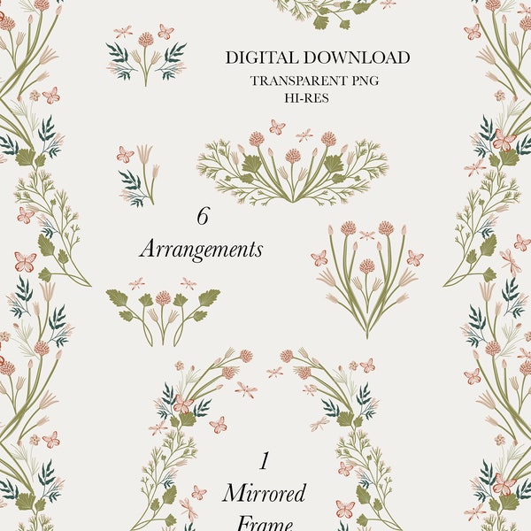 Bohemian Boho Set Flowers & Butterflies Floral Arrangements Frame Wreath Invitations Design Clipart PNG transparent digital download