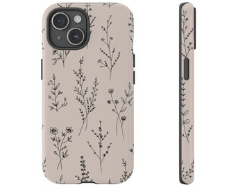 Beige wilde bloemen botanische stoere hoesjes IPhone 15 14 13 Samsung S24 S23 S22 S21 S10 S20 Google Pixel bloemen bloemen aquarel Boho patroon