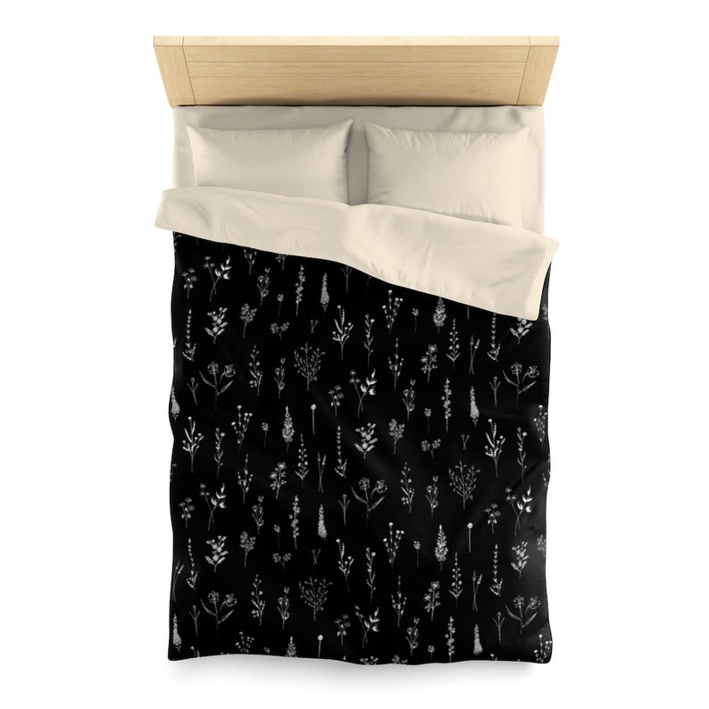 Black Wildflowers Duvet Cover Queen Twin Floral Pattern Pillowcase Fabric Bedding Botanical illustration Minimal Line Art Bedroom Home Decor image 3