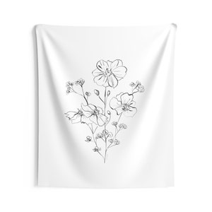 Wildflowers Tapestry Minimal Wall Tapestries Line Art Floral Wildflowers Minimalist black and white design Botanical Botanic Illustration