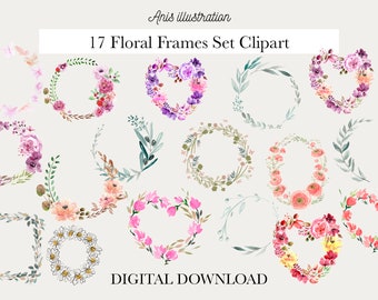 Set van 17 bloemenkransen voor bruiloftsontwerp en briefpapier | Clipart PNG transparante digitale download