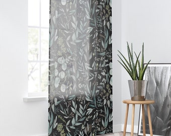 Black Eucalyptus Watercolor Botanical Pattern Sheer Window Curtain
