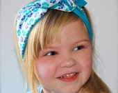 Girls Rosie Riveter Head Wrap Reversible Headband in Floral and Solid Blue, FREE U.S. Shipping