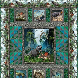 Jurassic Quilt Dinosaur Panels T-Rex Fabric In the Beginning Fabric DIY Quilt Kit 78x94 image 1