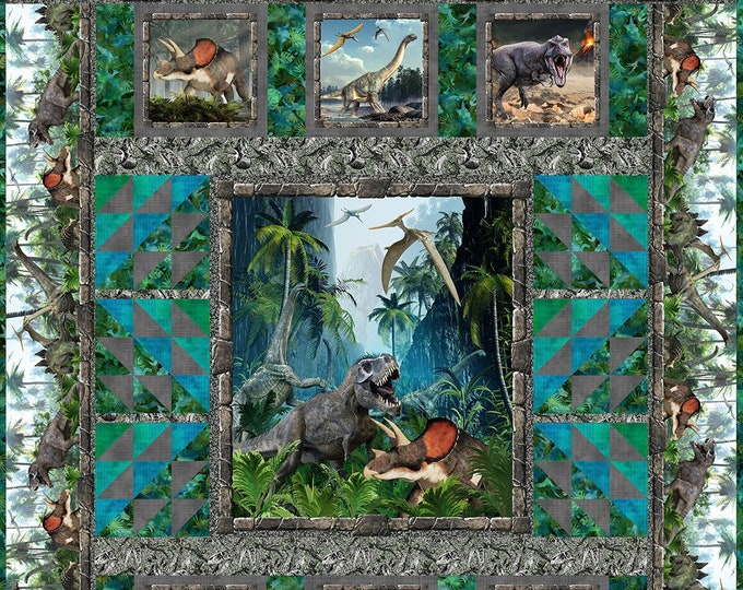 Featured listing image: Jurassic Quilt - Dinosaur Panels - T-Rex Fabric - In the Beginning Fabric -  DIY Quilt Kit 78"x94"