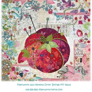 May include: A fabric art piece titled "Mini Pincushion" by Laura Heine, measuring 76 x 76 cm. The artwork features a large, stylized pincushion with floral and botanical elements, surrounded by decorative patterns and text.