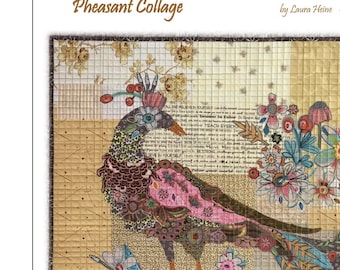 Pheasant Collage - Raven Collage - Bird Collage - Laura Heine - Applique Quilt 24"x24" - DIY Pattern Or Kit Option - full size template