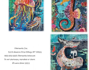 Laura Heine Teeny Tiny Collage - #12 - Jellyfish Seahorse Whale - 3 Designs per Pack - DIY Pattern - Optional Fabric Kit -  Finishes 16"x20"