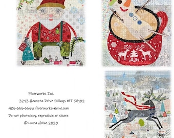 Laura Heine Teeny Tiny Collage - #10 - Santa Snowman Reindeer - 3 Designs per Pack  - DIY Pattern - Optional Fabric Kit - Finishes 16"x20"